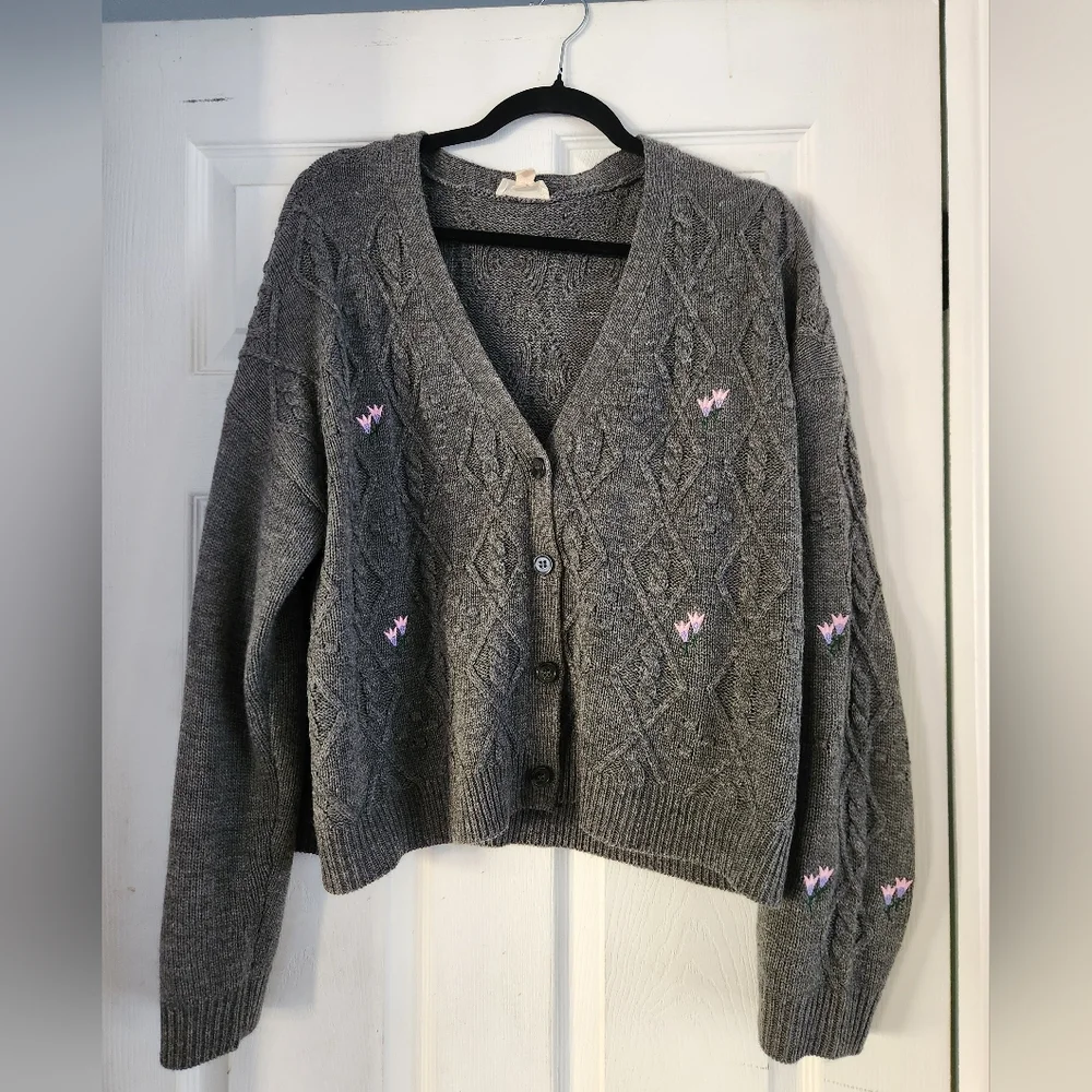 Gray Cable Knit Cardigan Sweater - Picture 1 of 3